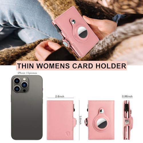 Image of Women Wallet for Airtag, Small Pretty Wallet with Mirror for Women,Pop Up Wallet Compatible with Airtag, Tri-fold Genuine Leather Wallet Women with Mirror, Compact Wallet for Traveling, Pink