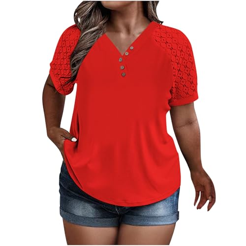 Blusa de manga corta para mujer, encaje patchwork con cuello en V, color liso, manga raglán, elegante blusa de verano con ojal, primavera verano, blusa de manga corta, rojo, XL