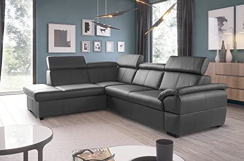 VENESETTI - Canapé d'angle Convertible en Cuir Italien de Luxe 5/6 Places Tony, avec Coffre, Gris foncé, Angle Gauche