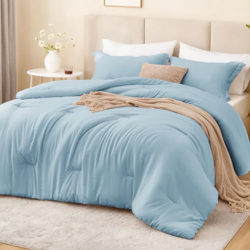 Image of Love's cabin Light Blue Full Comforter Set, 3-Piece Prewashed Bed Set with 1 Comforter (79 x 90 in) & 2 Pillowcases, Lightweight & Breathable for All Seasons