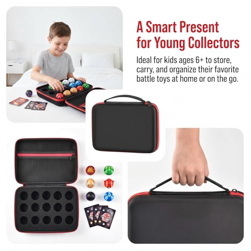 Image of Comecase Hard Carrying Case Compatible with Bakugan Figures, Storage Organizer Box with 15 Foam Slots and Mesh Pocket for 60+ Cards, Travel Holder for Kids Toys (Case Only)- Black