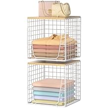 SWTYMIKI 2PCS Closet Organizers and Storage - Stackable Closet Basket with Wood Top Shelf, Clothes Storage Shelves, Clothes Drawer Bins for Wardrobe, Bedroom, Entryway, White