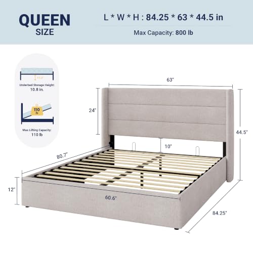 Allewie Queen Size Hydraulic Lift Up Storage Bed Frame Light Beige - Image 2