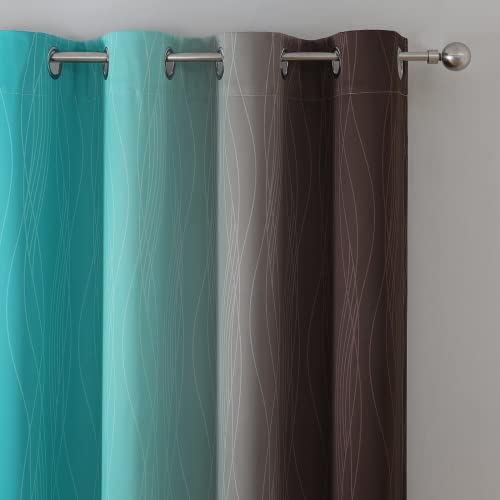 Estelar Textiler Brown and Teal Blackout Curtains 45 Inch Length, Light Blocking Gradient Drapes for Kitchen, Thermal Insulated Grommet Ombre Curtains for Bathroom,52Wx45L,2 Panels