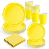 MAXI PRODUCTS - Set Vajilla Desechable Fiesta 20 Personas Amarillo - 114 piezas - Vasos Cartón 270 cc + Platos Cartón Ø17 y Ø20,5 cm + Servilletas Papel 25x25 cm - Menaje para Cumpleaños y Eventos