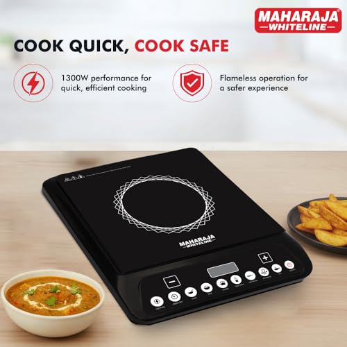 Image of Maharaja Whiteline Marvello 13DX 1300W Smart Induction Cooktop| 7 Preset Indian Menus | Automatic Voltage Regulator | Pan Sensor Technology | Safe, Fast & Energy Efficient | Easy Clean Surface, Black