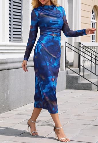 Women's 2024 Long Sleeve Tie Dye Dress Bodycon Mock Neck Mesh Ruched Cocktail Maxi Dresses3