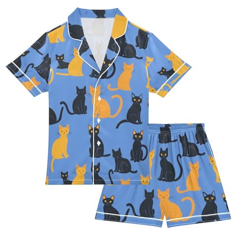 ALAZA Blue Yellow Cat Kitten Pajamas Satin Pajama Set Short Sleeve Button Down Sleepwear