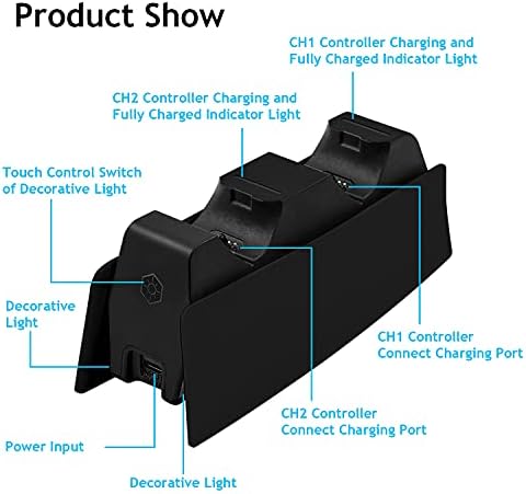 Mcbazel Dual Controller Charger for PS5,Tri-protection Double USB Fast Charging Station Dock with LED Light Indicators Compatible with Playstation 5 DualSense Controller - Black