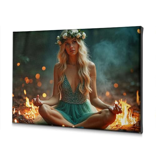 Toile femme en robe verte méditant, déco murale feu de camp 30x40