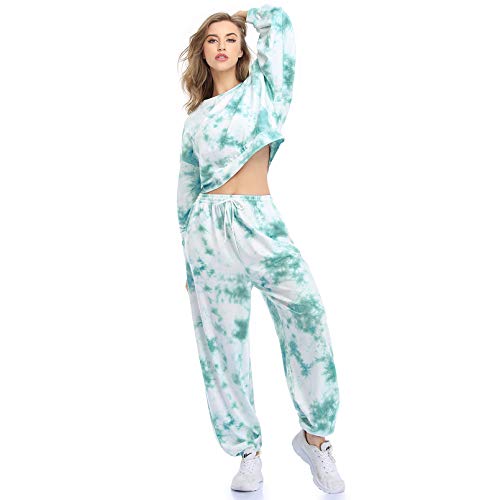 Tie Dye Tracksuit Sweatshirts Long Sleeve Crop Top 2 Piece Tie Dye Outfits Jogger Pant with Pockets for Women