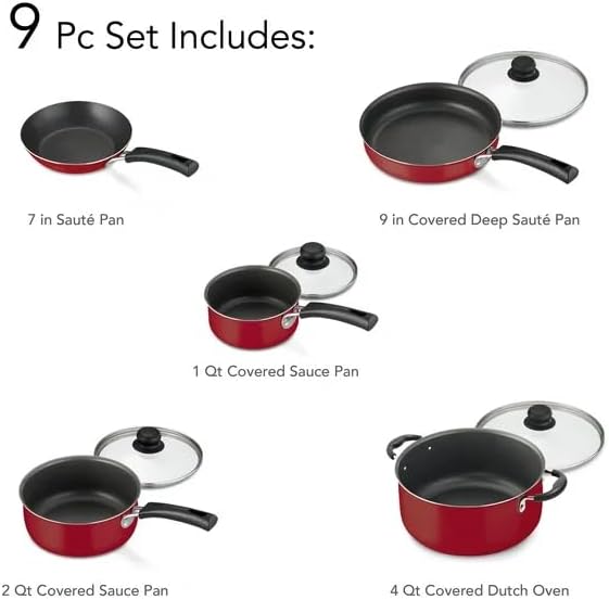 Miniatura 2 de Juego de utensilios de cocina antiadherentes de 9 piezas, juego de ollas y sartenes de cocina rojas con tapas de vidrio, asas que se mantienen