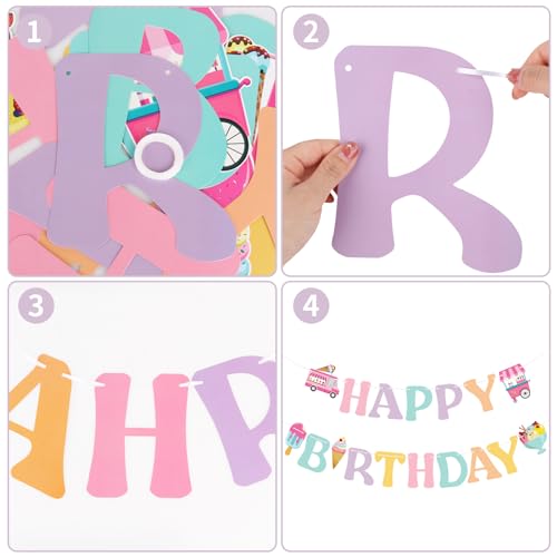 Image of Ice Cream Happy Birthday Banner - Colorful Ice Cream Birthday Party Sign Decorations for Girls Kids Summer Theme Party Supplies