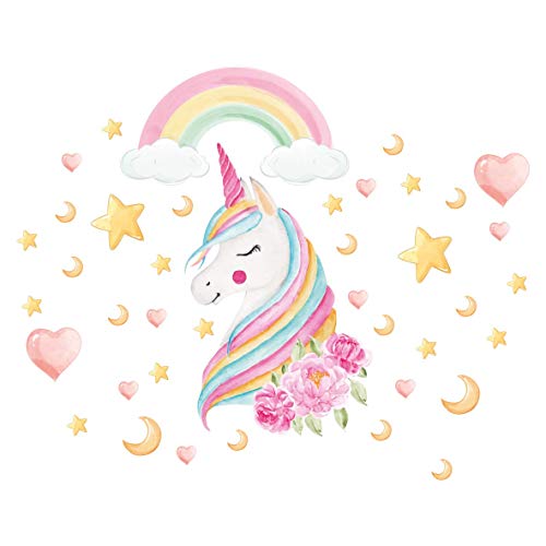 ARTIGIANI DIGITALI Unicorno rosa adesivi murali muro wall art per bambina arcobaleno cuore e stelle su pareti in cameretta, camera per neonato bambini bimbi bimba sticker parete in adesivo decorazioni