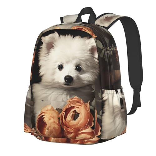 Travel Backpack for Women Men Dog Sits Next to a Flower Casual Daypack Large Capacity Nurse Bag