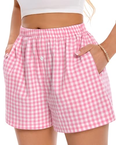 Image of Women Boxer Shorts Summer Gingham Pj Casual Plaid Bottoms with Pocket