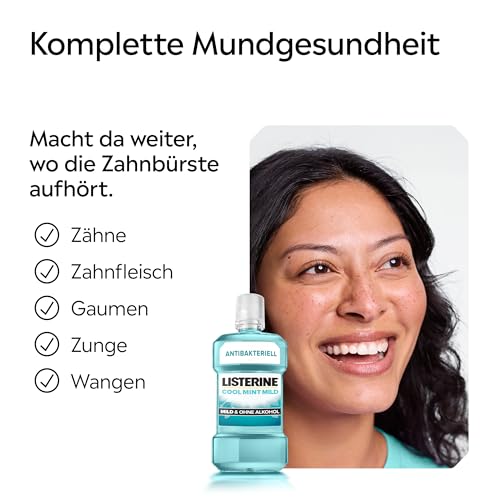 LISTERINE Cool Mint Mild 500 ml, antibakterielle Mundspülung mit ätherischen Ölen und ohne Alkohol, mildes Mundwasser bekämpft wirksam Bakterien, optimale Ergänzung zur täglichen Zahnpflege