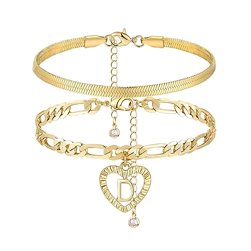Image of YANODA Gold Ankle Bracelets for Women Waterproof, 14k Gold Plated Layered Snake Anklets Figaro Chain Letter Initial Anklets Handmade Heart Ankle Bracelets Personalized for Women Beach Jewelry Gifts