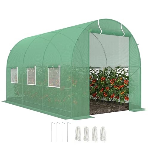 Outsunny 3.5 x 2m Walk-In Polytunnel Greenhouse, with Steel Frame, PE Cover, Roll-Up Door and 6 Windows, Green
