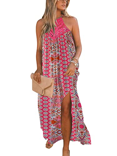 Image of FARORO Sleeveless Long Dress for Women Boho Halter Maxi Sundress Casual Loose Dresses Split Cover Up Gown with Pockets
