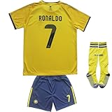 LeenBD 2025/2026 NASSR Riyadh Al Ronaldo #7 Kids Home Soccer Jersey Shirts Football Futbol Socks Set Youth Sizes (Blue/Yellow,30)