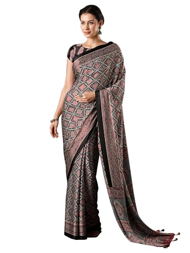 AKHILAM Sari multicolor con estampado Ajrak de crepé para mujer con blusa sin costuras (MOHAR201A_HS11_Parent), Negro4, talla única