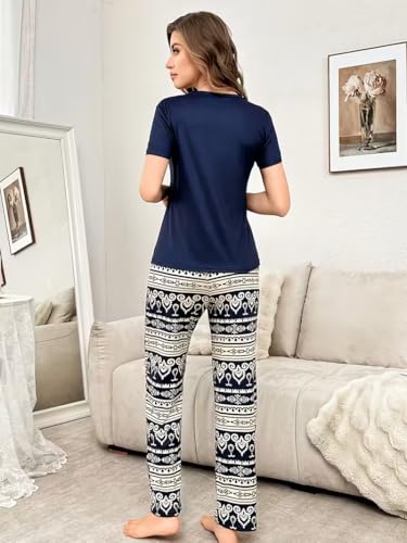 Image of TAGAS Women's Looper Fabric Night Suit Set - Soft Short Sleeve Printed Top with Floral Pajama Pants - Breathable Lightweight 2-Piece Sleepwear & Loungewear Set for Ladies