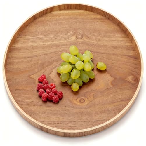 ANKROYU Rund Holz Tablett, Serviertablett für Kerze Kaffee Tee Snacks Obst, Leicht Dekoratives Tablett aus Holz, Tischtablett Essenstablett Frühstückstablett(33cm)