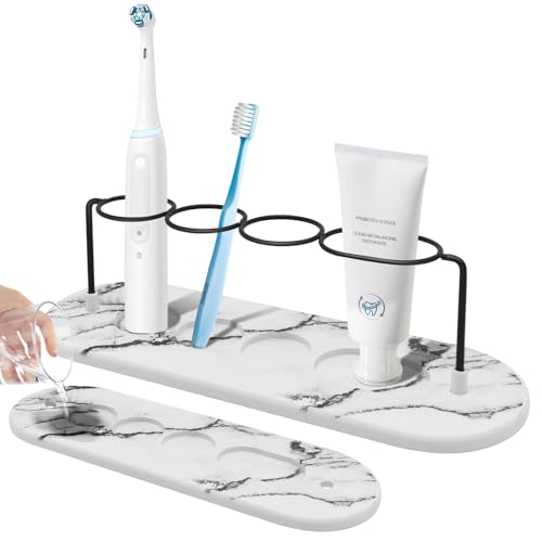 Yiomxhi Porte-Brosse à Dents avec Base Diatomite, Support de Brosse à Dents Électrique sans Perçage Absorbant, Porte-Dentifrice Organisateur pour Salle de Bain (Noir)