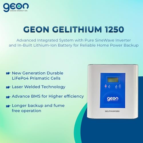 Image of Geon GELITHIUM, 1250 VA Pure Sine Wave Inverter Integrated with 1280Wh Lithium-Ion Battery for Home, Office & Shop, 100 Ah, Long Backup Equivalent of 160 Ah, Smart BMS, 5 yrs Warranty
