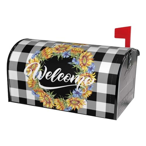 Image of Sunflowers Cornflowers Welcome Wreath Mailbox Covers Magnetic Standard Size,Buffalo Plaid Spring Summer Mailbox Covers Magnetic 18 inchx21 inch for Holiday Yard Decor