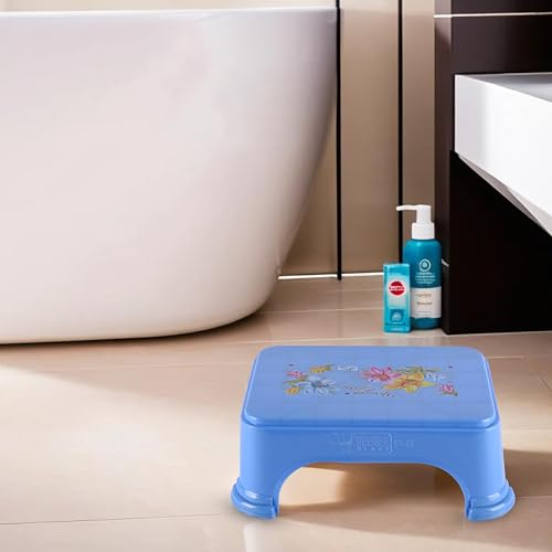Image of Kuber Industries Pack of 3 Bath Stool for Bathroom | Flower Print Square Stool | Bathroom Stool for Bathing | Plastic Stools for Sitting | Blue