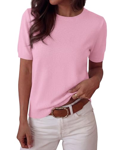 BTFBM Women's Short Sleeve Sweaters 2026 Summer Crew Neck Knit Work Shirts Business Casual Tops Basic Fall Fashion Clothing(Pink, XX-Large) — view 2