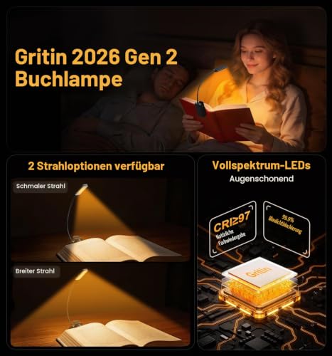 Gritin 2026 Gen 2 Leselampe Buch Klemme 30 Augenschonende Vollspektrum-LEDs – Ansicht 2