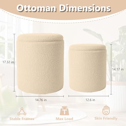 Royal Windsor Boucle Round Ottoman with Storage Set of 2,Small Foot Stool Ottoman for Living Room, Small Coffee Table,Vanity Stool with Storage for Bedroom, Beige