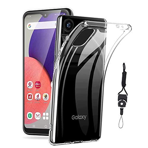 Galaxy A22 5G SC-56B 用のケース カバー クリア 全透明 対応 TPU 耐衝撃 指紋防止 薄型 軽量 黄変防止 ストラップホール付属 ネックストラップ付 Qi充電対応 Galaxy A22 5G