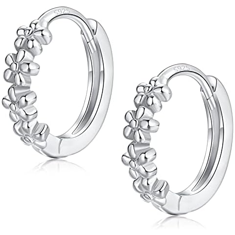 Sterling Silver Hoop Earrings for Women, Dainty Small Huggie Hoop Earrings | Hypoallergenic Daisy Flower Hoops Earring Jewellery Gifts for Ladies Birthday Wedding, 10mm Hoop Cover