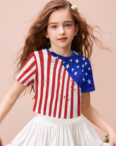 Image of DDSOL Girls July 4th Crop Tops Patriotic Shirt American Flag Short Sleeve Tshirts for Girl 6-14 Years