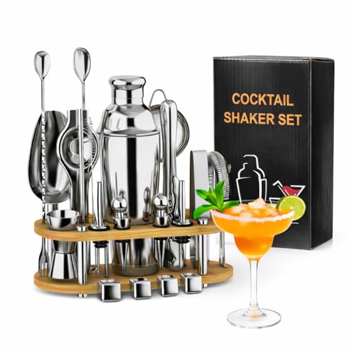 EffiQ-Rate 25 Stück Cocktail Shaker Set, 700ml Edelstahl Barkeeper Set mit Boston Cocktail Shaker und Bar Zubehör, Mixology Bartender Kit mit Holzständer zum Mischen von Getränken, Schenken