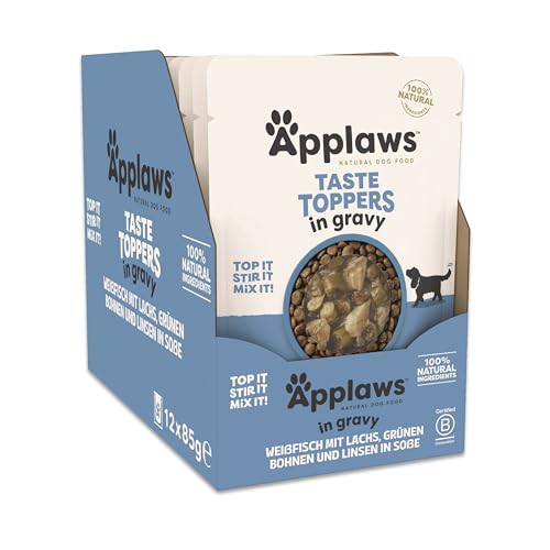 Applaws Taste Toppers 100% natürliche Wet Dog Food Topper, Grain Free Whitefish mit Lachs und Gemüse in Soße Beutel 12 x 85g Beutel