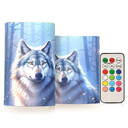 Image of Flickering Flameless Candles, Wolf Winter Forest LED Candles with Remote Timer, Set of 2 Battery Operated Candle for Valentine Wedding Birthday