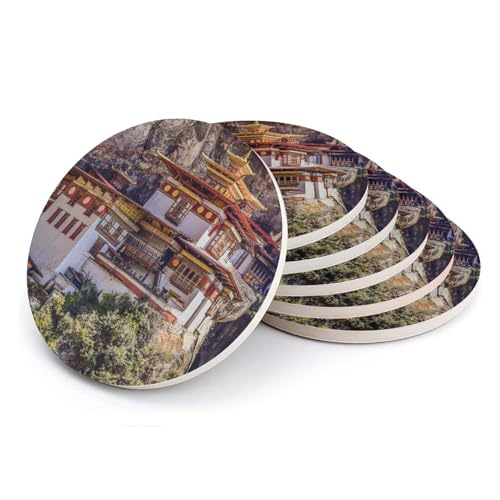 sous Verre Ronds en céramique - Monastere Bouddhiste a Flanc de Montagne Bhoutan Himalaya - Lot de 6 (108 x 108 mm)