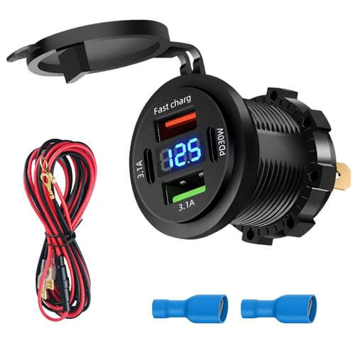 4 Puertos Toma USB de 12V Cargador de Coche, Rapida Doble PD3.0 y QC3.0 USB C Enchufe Impermeable Mechero con Led Voltímetro Interruptor Múltiples Puertos para Barcos Autocaravanas Camiones Motos