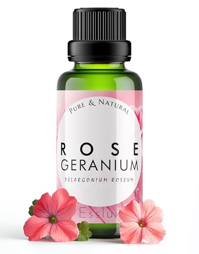 Image of Esslux Rose Geranium Essential Oil for Stress Relief - Natural Rose Geranium Oil for Skin Care and Companions - 100 Pure Therapeutic Grade Essential Oils Aromatherapy Oils for Diffuser - 120 ML