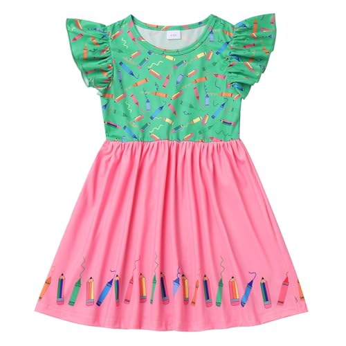 OBEEII Back to School Dress for Girls Toddler First Day of School Outfits First Day of Kindergarten Outfits for Girls Ruffle Sleeve Pencil Bottom Casual Summer Dresses Green Pink&Pencil 6-7 Years