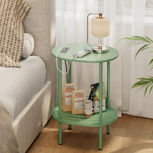 Image of Small Oval Side Table with Charging Station, 2-Tier Green Round End Table | Narrow Nightstand with USB Ports and Outlets, Bedside Table for Small Space - Living Room, Bedroom, Nursery,(1PC,Green)