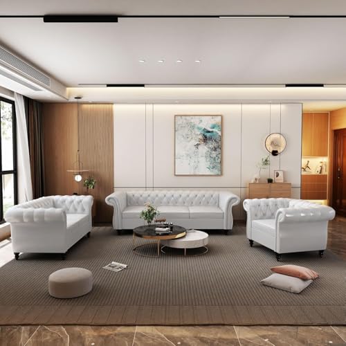 Image of WOODEN WORLD Modern & Classic Leather Sofa Set - Luxurious Comfort, Stylish Design, and Durable Build (White, 3+2+1 Seater)