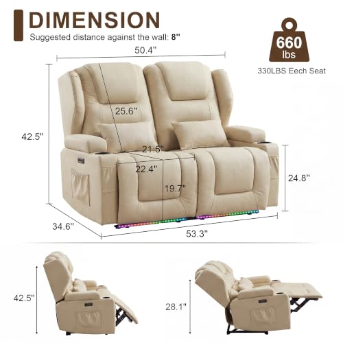 Image of DRMBOOK RV Power Loveseat Recliner Sofa, Leathaire Fabric Wall Hugger Reclining Sofa, Home Theater Seating Chair with Cup Holder, 2 Person Couch for Living Room, Beige