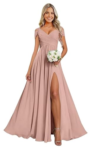 OAHGNIJ Off The Shoulder Bridesmaid Dresses Long for Women 2025 Dusty Mauve Chiffon Formal Evening Party Gown with Slit LS86 0