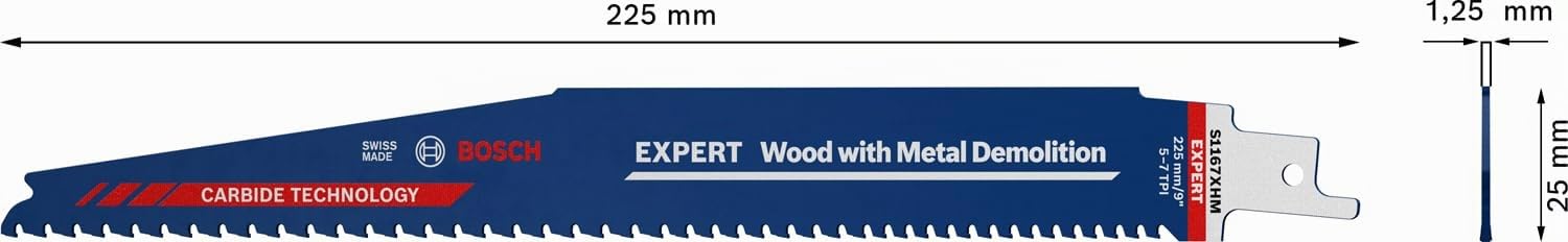 Bosch 3x Lame per Seghe Universali Expert ‘Wood with Metal Demolition’ S 1167 XHM (225 x 25 mm, Accessorio Sega Universale), 225 mm/9"